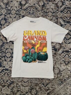 Grand Canyon National Park Graphic Tee - White with Teal Cactus Print